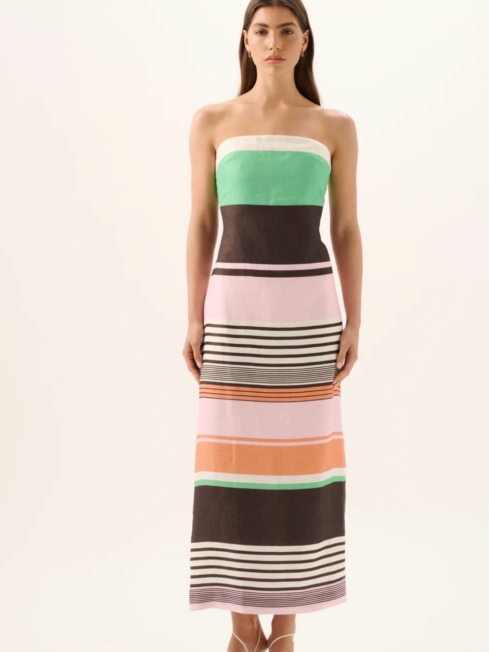 ROAME Strapless Colorblock Midi Dress in Green, Pink, Brown, Orange